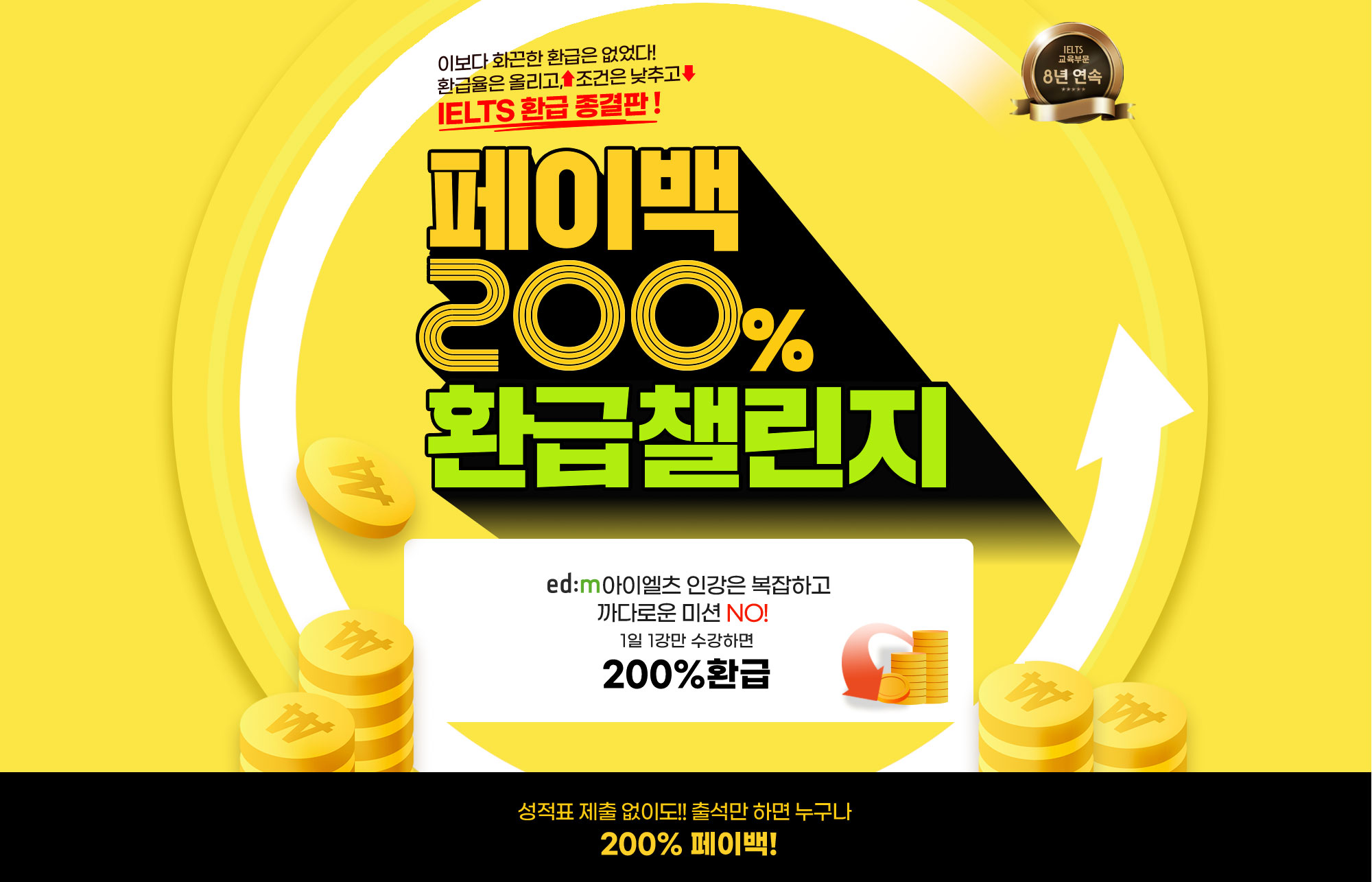 환급율은 올리고, 조건은 낮추고 IELTS 환급 종결판! 페이백 200% 환급챌린지. edm아이엘츠 인강은 1일 1강만 수강하면 OK. 기초부터 5.5/6.5/7.0 달성! (상세 내용은 아래 참조)