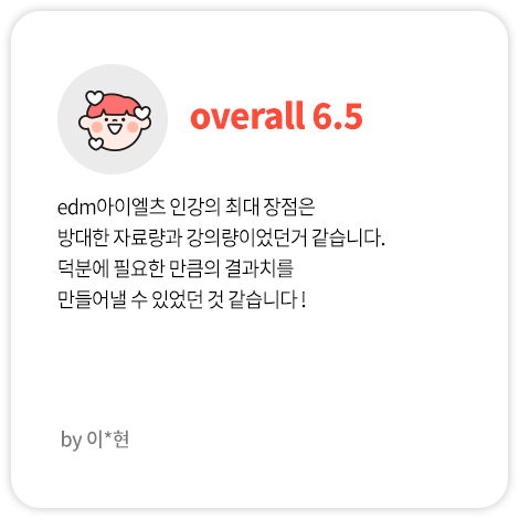 edm아이엘츠 인강의 최대 장점은 방대한 자료량과 강의량이었던거 같습니다. 덕분에 필요한 만큼의 결과치를 만들어낼 수 있었던 것 같습니다 ! (이*현님 Overall 6.5)